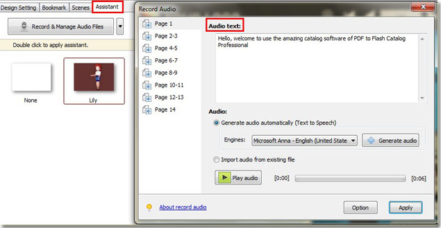 easily input audio text to record audio automatically by catalog software of PDF to Flash Catalog