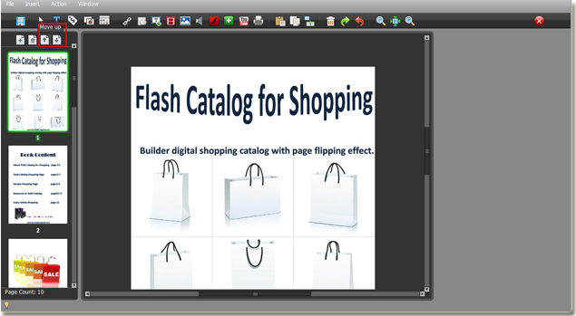 click icon on the edit interface of catalog software to reorder pages of flash catalog