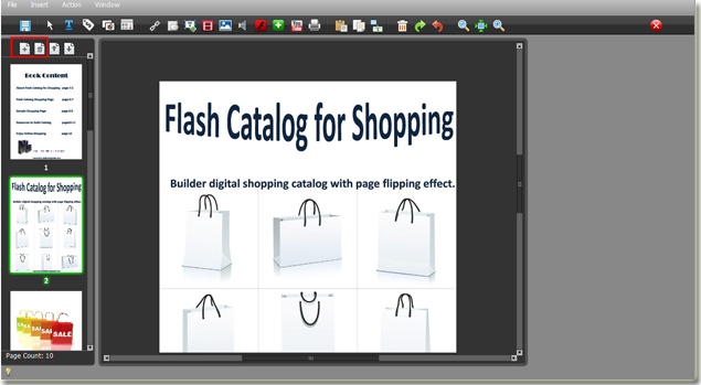 click icon on the edit interface of catalog software to add or delete pages of flash catalog